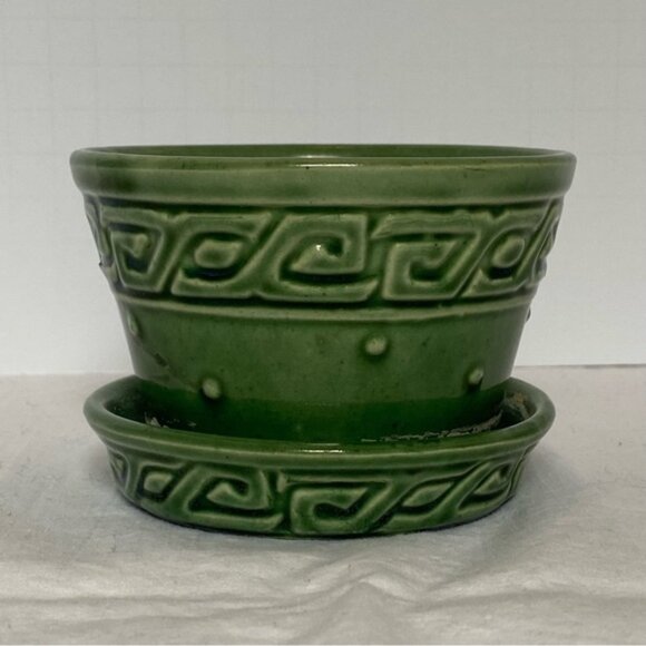 Vintage McCoy 4” Greek Key Flower Pot - Green - Picture 1 of 4